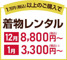 税込1万円以上で着物レンタル12月税込8,800円から1月税込3,300円から