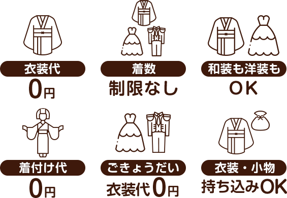 衣装代0円・着数制限なし・和装も洋装もOK・着付け代0円・ごきょうだい衣装0円・衣装・小物持ち込みOK